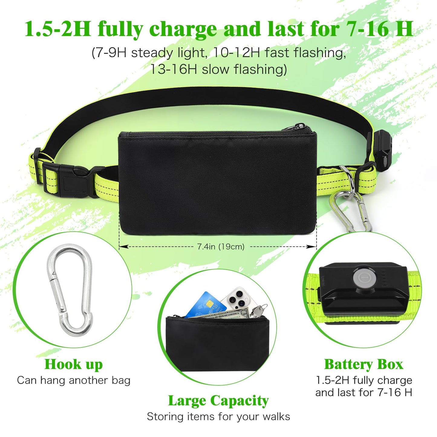 LED Hands Free Dog Leash, Waist Leash for Dog Walking, Retractable Bungee Light Up Dog Leash, LED Handless Dog Running Leash, Reflective Running Leash for Jogging Training Hiking (Green)