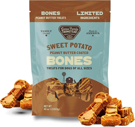 Gaines Family Farmstead Peanut Butter Coated Sweet Potato Dog Bones – 40 oz Bag, Grain-Free, Chewy, Natural Dog Treats for Digestion, Skin, Energy & Immunity – Limited Ingredient, Made in USA