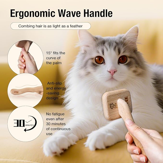 UTEE Slicker Brush for Small Dogs & Cats (Yorkies, Chihuahuas, Persian Cats) Gentle Grooming Tool with Stainless Steel Curved Pins & Ergonomic Beech Wood Handle — Ideal for Long or Thick Fur