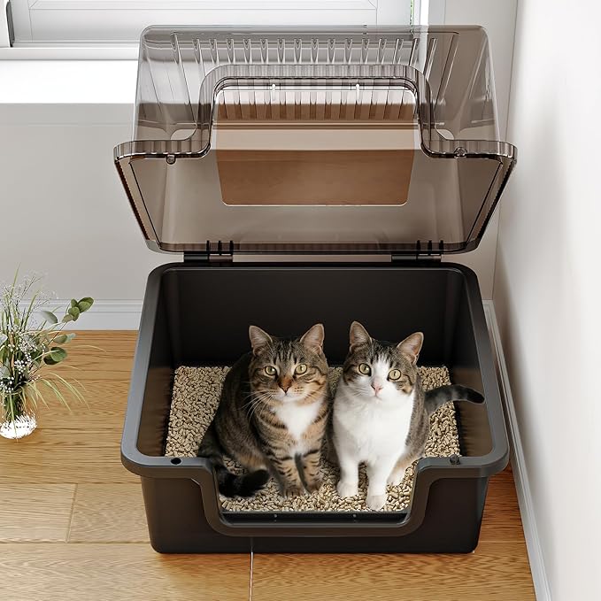 Oneluck Large Covered Cat Litter Box with Scoop and Transparent Lid, Non-Stick, Durable, Easy-Clean Pan for Multi-Cat Households,XL,Black