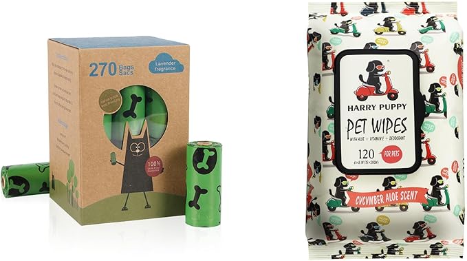 Pet Waste Bags and Wet Wipes Bundle, 270 Biodegradable Bags, 120 Aloe Vera Wipes