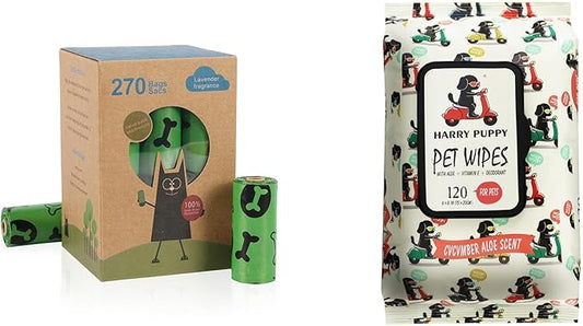 Pet Waste Bags and Wet Wipes Bundle, 270 Biodegradable Bags, 120 Aloe Vera Wipes