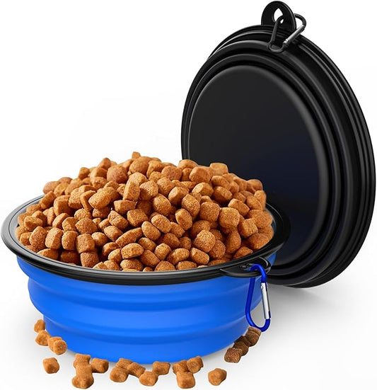2 Pack Collapsible Dog Bowl Travel Portable Pet Bowls [34oz,1000ml],Expandable Foldable Food Water Feeding Dishes for Traveling Hiking Walking,with Carabiners [Black,Blue]