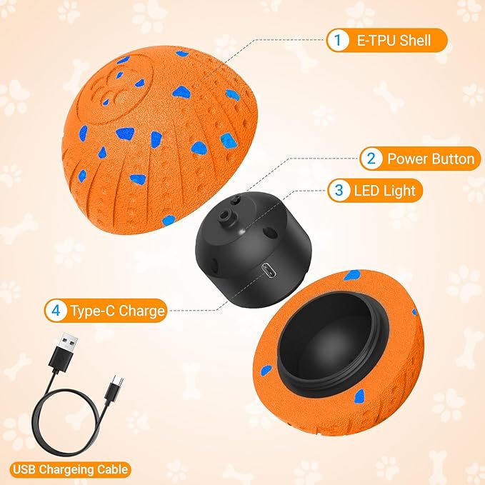 Self-Moving Dog Ball Interactive Dog Toy with Automatic Rolling, Bouncing & Vibration to Keep Dogs Entertained Chew-Proof & Waterproof for Small/Medium Breeds, O18-Orange