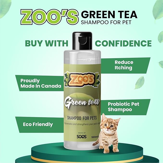 Zoo’s Pet Dog Shampoo Green Tea for Cats and Pets Vitamins E and C Nourish Skin, Promote Growth of Soft Lustrous Fur - 500ml