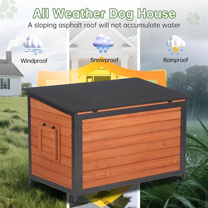 Insulated Dog House Outdoor Weatherproof, Wooden Warm Houses with Upgrade Anti-Chewing Iron Frame Dog Shelter for Puppies