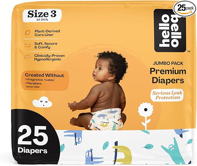 Hello Bello Premium Baby Diapers Size 3, 25 Count of Disposable, Extra-Absorbent, Hypoallergenic Baby Diapers with Snug and Comfort Fit, Sleepy Sloth