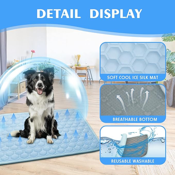 Upgrade Dog Cooling Mat, Pet Dog Self Cool Pad, Ice Silk Washable Cooled Mat for Dogs Cats Kennels Crates Beds