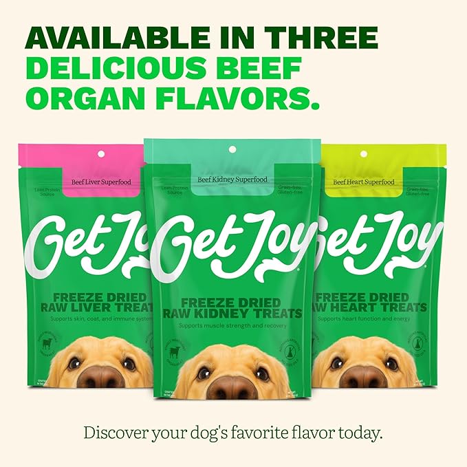 Get Joy Freeze Dried Superfood 100% Beef Kidney Dog Treats, 4 Ounce Bag (Pack of 3), Single Ingredient Organ Meat, High Protein, Immune Health, Muscle Repair, Grain Free, Gluten Free, Made in USA