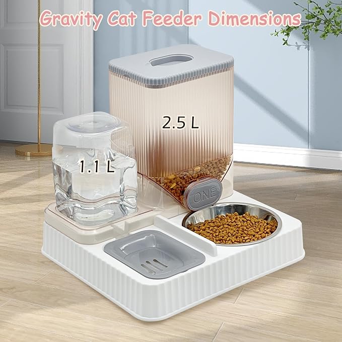 Fhiny Gravity Cat Feeder & Water Dispenser, 2 in 1 Automatic Puppy Waterer Removable Stainless Steel Food Bowls Set Self Feeding Pet Food Storage for Cat Kitten Puppy Easy Clean (Grey)