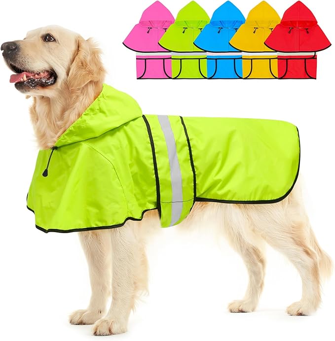 Hooded Dog Raincoat - Reflective Dog Rain Jacket Lightweight Waterproof Rain Coat for Small Medium Large Dogs (Large, Green)