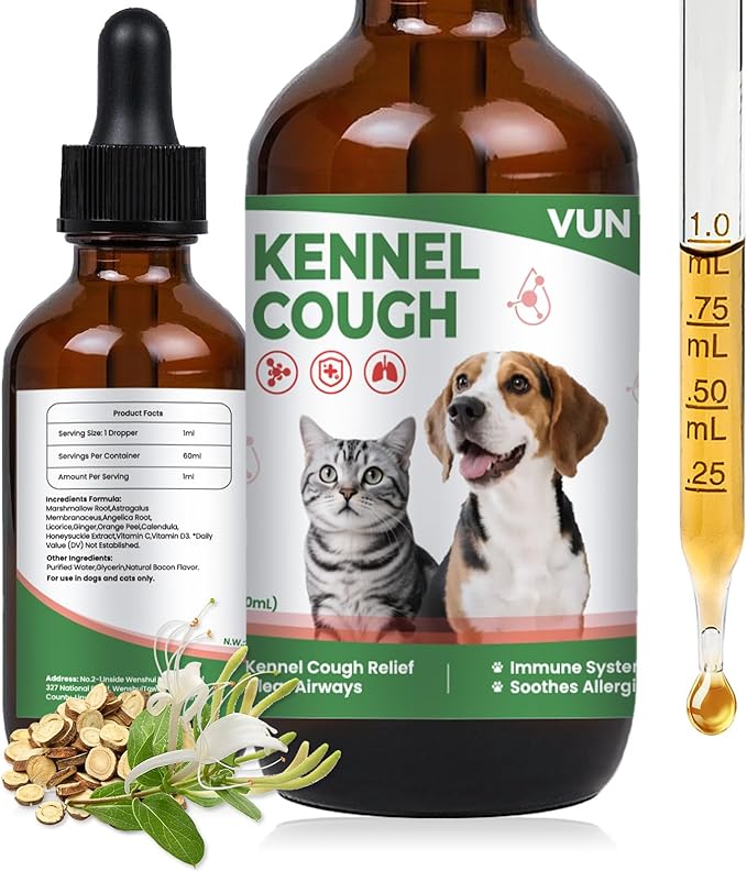 Kennel Cough Treatment Drop for Dogs &Cats,Help Wet and Dry Cough Relief,Seasonal Throat Discomfort, Natural Herbal Cough Liquid with Licorice,Ginger for All Breeds & Sizes,2 fl oz Bacon Flavor