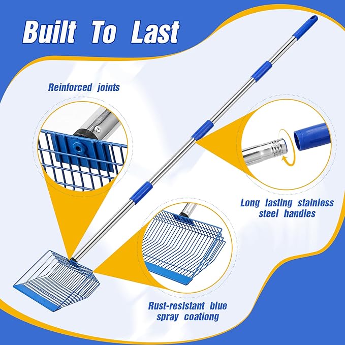 Large Chicken Poop Scooper, Heavy Duty Chicken Coop Scoop for Sand, 35" to 64" Adjustable Stainless Steel Handle, Multifunctional Sifting Shovel for Chicken Coop/Goat Stall/Stable Cleaning