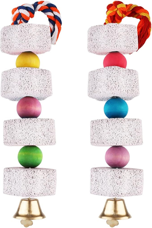 Unibene Parrot Chewing Toy, Bird Beak Grinding Stone with Bell, Lava Block Calcium Supplement Food for African Greys Amazon Conure Eclectus Budgies Parakeet Cockatiel Hamster Chinchilla Rabbit, 2 Pack