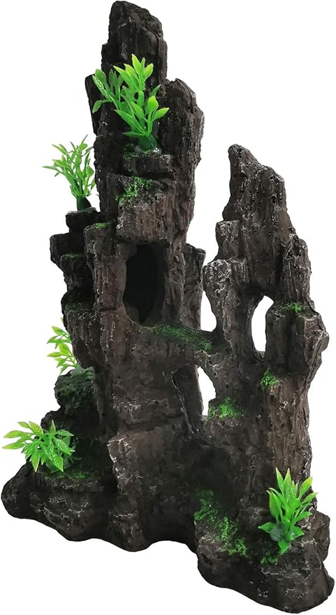kathson Aquarium Mountain View Stone Resin Fish Tank Decoration Betta Hideout Caves Rockery Landscape Tree Rock Hiding Cave Decor for Small Fish Shrimp Play Ornament