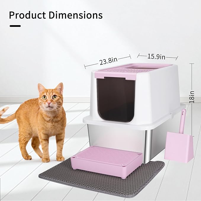 RIZZARI Stainless Steel Cat Litter Box, Odorless Enclosed Litter Box with Top Holes, Large Litter Pan for Small to Large Sized Cats (Dark Pink, 24" L*16" W*18" H)