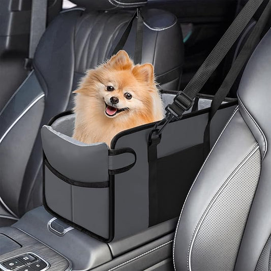 Portable Dog Car Seat for Small Dogs - Adjustable Safety Leash, Washable Cushion & Storage Pocket - Pet Booster Seat for Car Travel- Grey