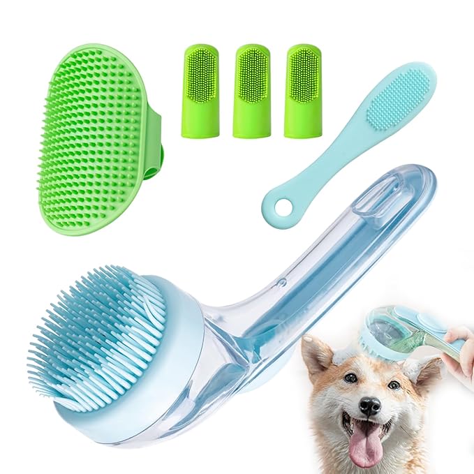 (6PCS) Pet Bath Set – Dog Bath Brush, Cat Chin Cleaning Brush, Dog Toothbrush, Adjustable Glove Massage Brush for Dogs & Cats (Long & Short Hair) (Blue)
