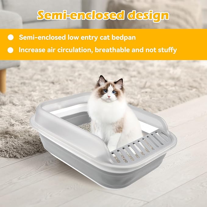 Open Cat Bedpan with Spoon,Shallow Splash Proof Travel Litter Box with Sand Drop Pedal High Side Low Entrance Cat Toilet Semi-Enclosed Adjustable for Kittens Elderly Cats Disabled Cats(Gray)
