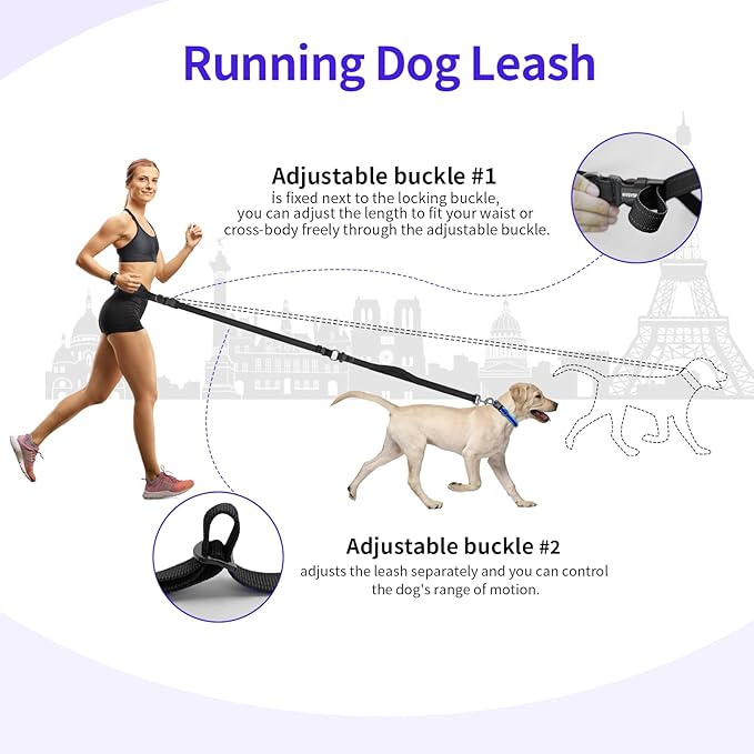 Hands-Free Dog Leash with Adjustable Length 6-9FT + Dual Padded Handles Reflective Safety for Walking, Jogging & Training | Suitable for Medium to Large Dogs & Puppies Black-L