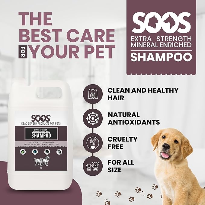 Soos Pet Extra Strength Mineral Enriched Shampoo for Dogs and Cats Natural Dead Sea Mineral Enriched Deeply Absorbing with Vitamins Essential Oils Natural Ingredients - 1x (4L Gallon)