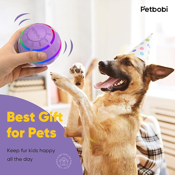 Petbobi Active Rolling Ball for Dogs - 2025 New Upgrade 2 Modes Interactive Dog Toys, USB Rechargeable Motion Activated Self Moving, Durable Pet Ball for Small Medium Large Breeds, LED Light, Purple