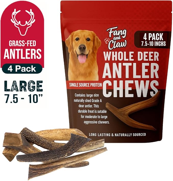 Fang & Claw Grass-Fed Deer Antlers for Dogs – 7.5–10" Antler Chews, 4-Pack – Long-Lasting Dog Chews for All Dogs & Aggressive Chewers