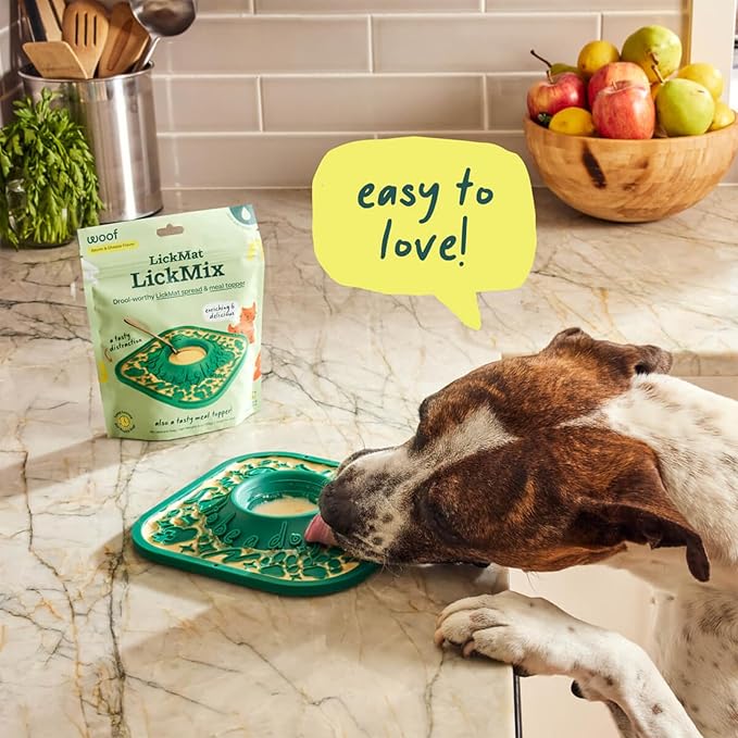 Woof Lick Mat and Bacon and Cheese LickMix Starter Pack Bundle - Dog Enrichment and Spread - Slow Feeder Mat with Non-Slip Design - Delicious, Lower Calorie Mix -Green