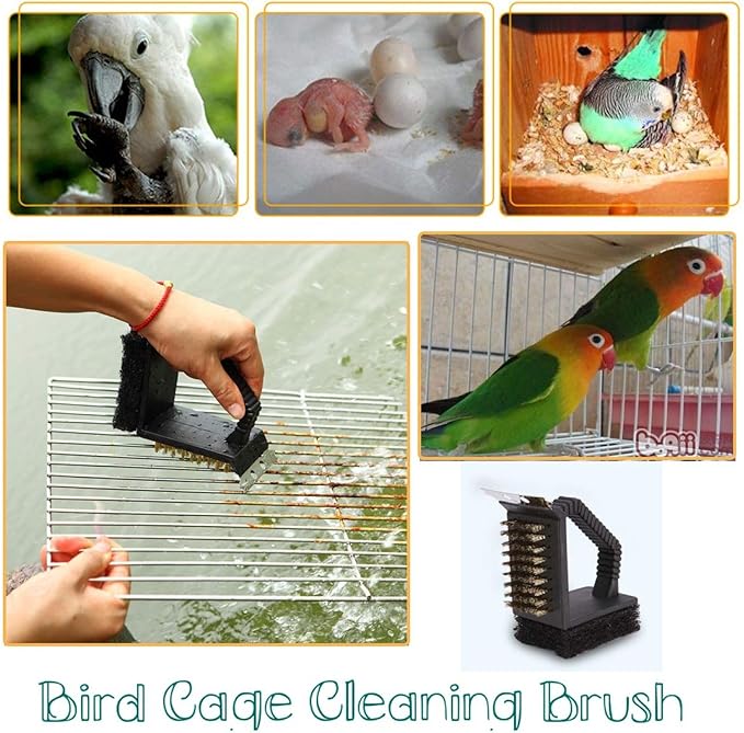 QBLEEV Bird Cage Cleaner, Bird Cage Cleaning Brushes, Multi-Function Stainless Steel Triangle Bird Cage Brush Set, Birdcage Cleaner Poop Off Scrub Brush Kit for Cleaning Bird Cage Perch Kennel