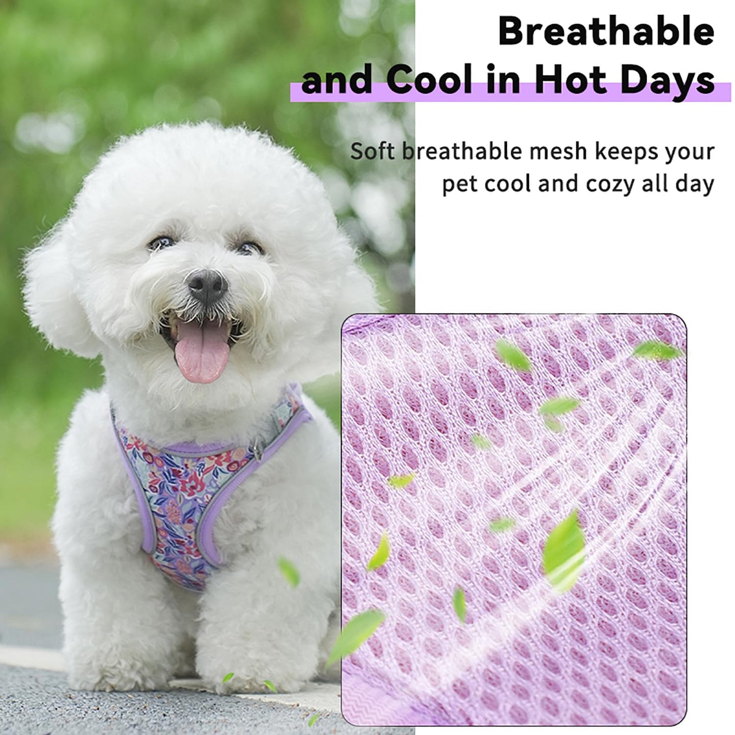 KocaPlye Small Dog Harness Purple Flowers No Pull Reflective Step in Vest Harness Mesh Padded Soft Harness for Small Medium Dogs Cats