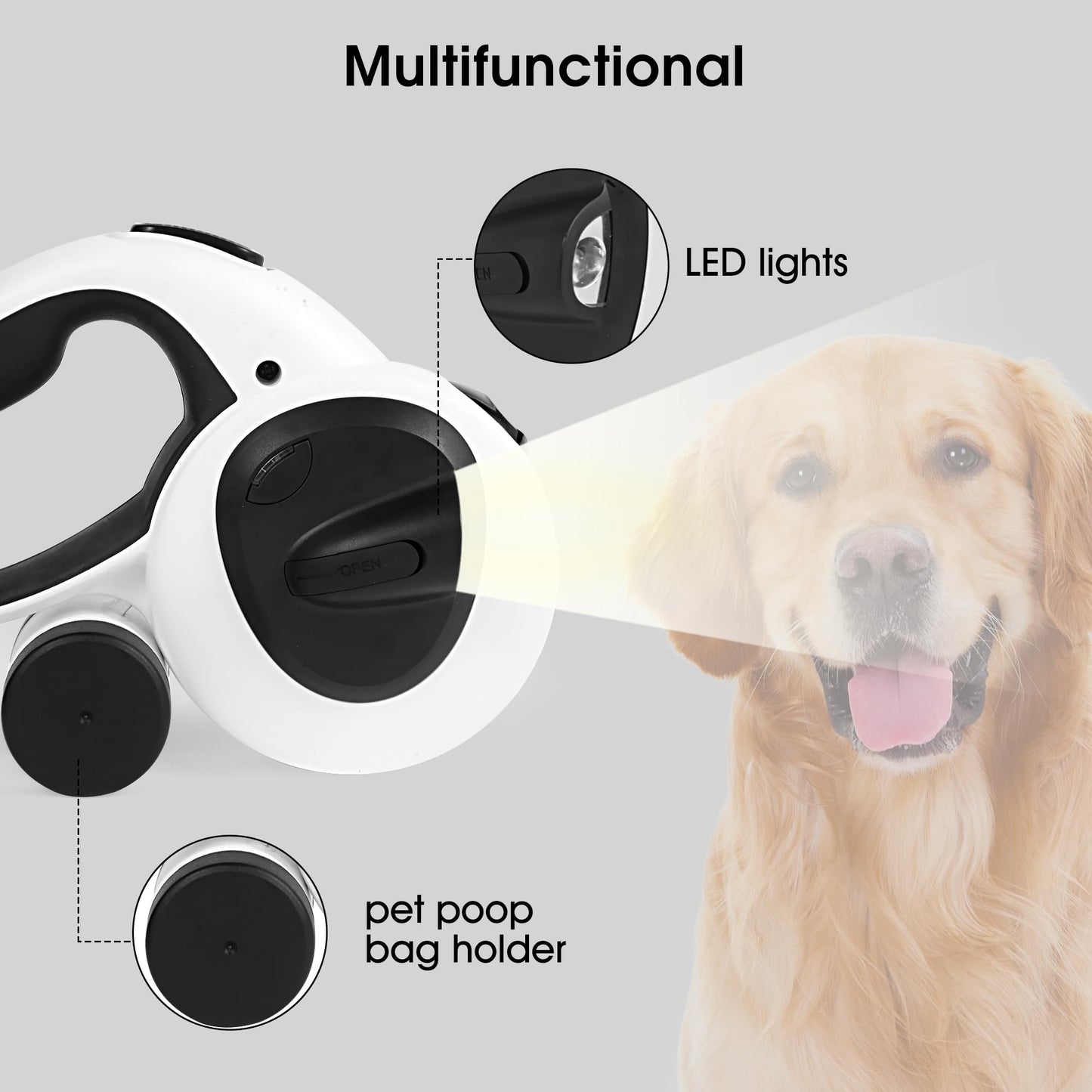 Gauzi 4 in 1 Retractable Dog Leash 16.4 ft Long Leashes with LED Light & Poop Bag Holder for Small Medium Large Dogs Heavy Duty (Max110lbs)