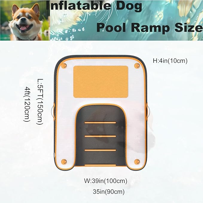 HEYLIFE Inflatable Dog Water Ramp Pool Ladder for Boats Docks Raft Swimming Pools Pet Stairs Floating Sports Platform Up to 220LBS Borange 4.9ft x 3ft x 4in
