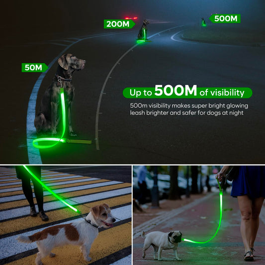 LED Dog Leash, Light Up Dog Leash 4 Ft Fully Illuminated USB Rechargeable Waterproof, Nylon Reflective Leashes with Padded Handle for Dogs Night Walking, Safety Glow in The Dark for Large Medium Pets