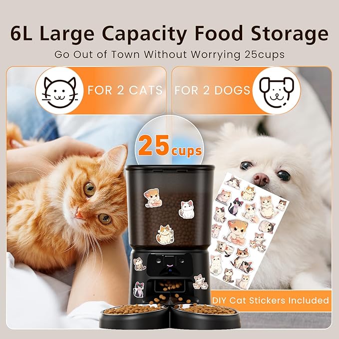 Automatic Cat Feeder with Camera, 6L WiFi Smart Pet Feeder with APP Control, 1080P HD Video, Voice Call, Motion Detection, Dual Power Supply, for Dogs Cats, Small-Pet(Black, 6L)