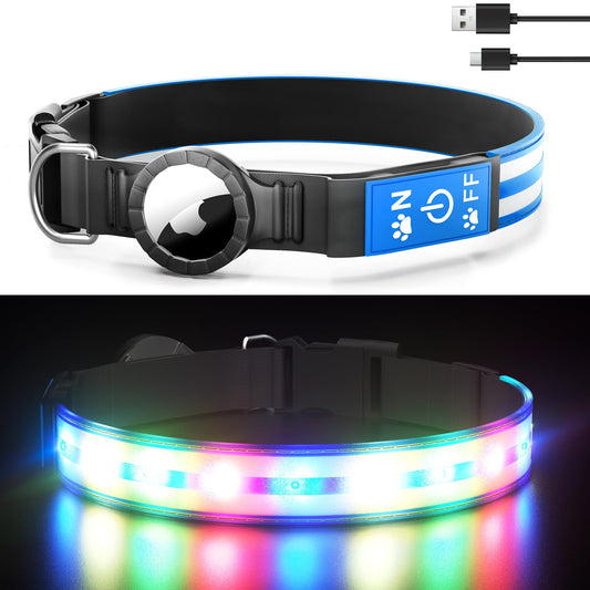 Airtag Dog Collar Light Dog Collars with AirTag Holder Rechargeable LED Dog Collar for Night Walking Adjustable Cool Pet Collar for Dogs Outdoor Waterproof Dog Collar