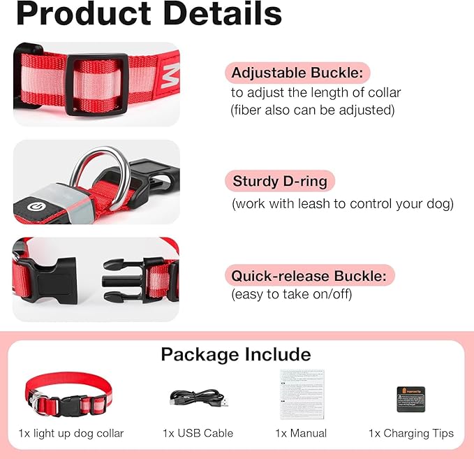 PcEoTllar Light up Dog Collar for Night Walking - LED Dog Collar Light Rechargeable Color Changing, Glow in The Dark Dog Collars Waterproof Glowing Dog Collars for Large Small Medium Dogs