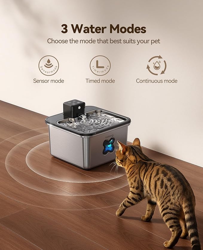 Cat Water Fountain Stainless Steel, FEELNEEDY Visual Filter Automatic Pet Water Fountain for Cats & Dogs Dispenser, Cordless Battery Operated Water Fountain for Cats Indoor - 3.2L/108oz