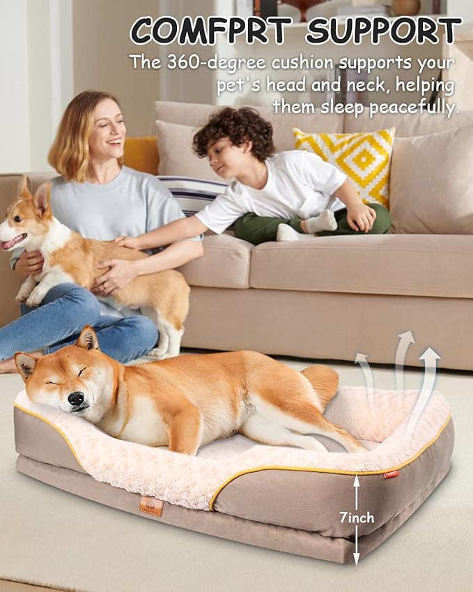 Washable Orthopedic Dog Bed for Medium Dogs, Waterproof Dog Bed with Bolster, Big Couch Sofa with Removable Cover & Non-Slip Bottom