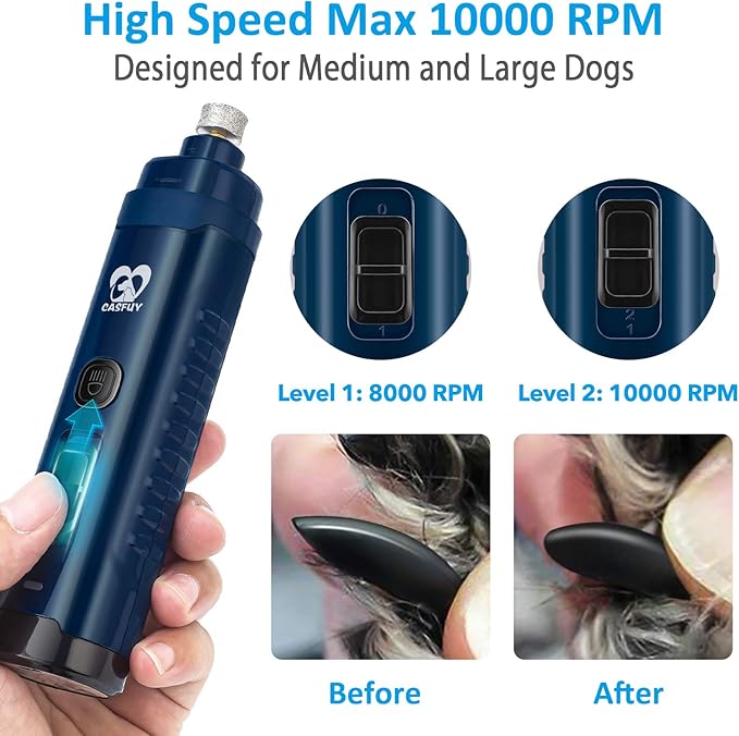 Casfuy Dog Nail Grinder with 2 LED Light - 4.8V Super Powerful 2-Speed Electric Pet Nail Trimmer for Medium Large Dogs Quiet Rechargeable Painless Paws Grooming & Smoothing Tool (Dark Blue)