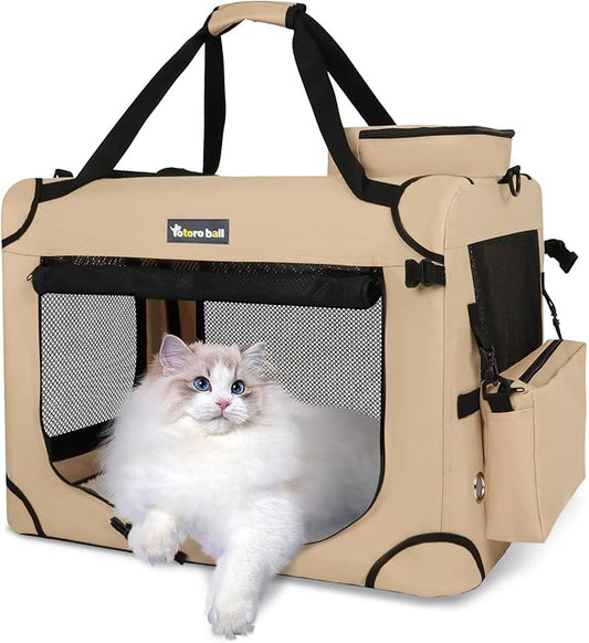 Large Cat Carrier for Cats Collapsible Soft Pet XL Crate for Large/Medium Cats 15lbs+ Car Travel Portable Bag with Water Bottle Slot Ideal for Long Trips (Beige, 20.0"L x 14.0"W x 14.0"H)