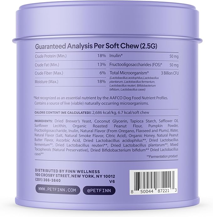 Finn Digestive Probiotics for Dogs - Complete Digestive System Support with Pumpkin, Prebiotics, & Live Probiotics - Vet Recommended & Made in The USA - 90 Soft Chews (Peanut Butter)