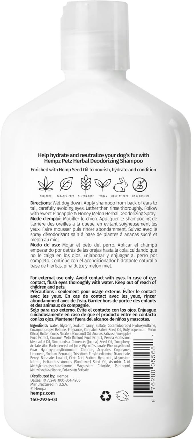 Hempz Petz, Dog Shampoo, Sweet Pineapple Deodorizing Shampoo, Cleans, Conditions & Moisturizes, 17 oz