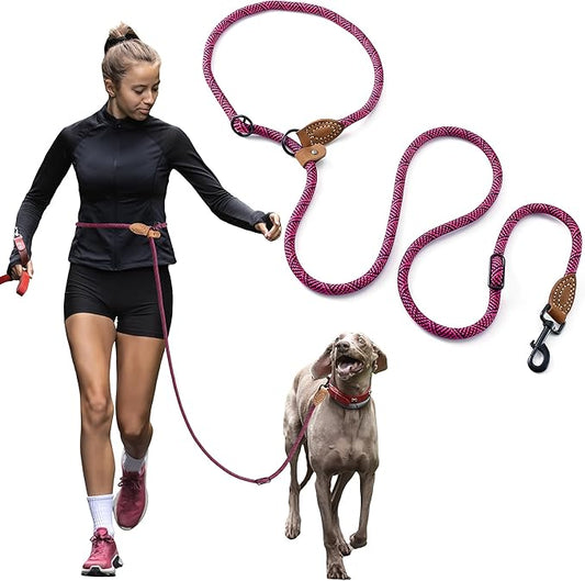 Mile High Life Hands Free Dog Leash, Crossbody Waist Leash with Genuine Leather Connection, Multifunctional Adjustable Slip Lead for Dog Walking Running (Hot Pink, 8FT)
