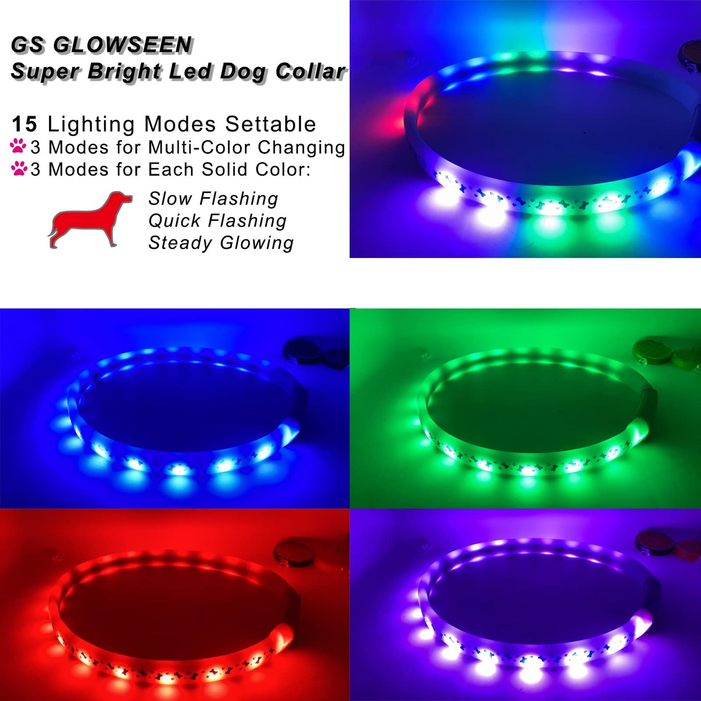 LED Dog Collar - Color Changeable Light Up Dog Collars USB Rechargeable,15 Light Effects Glow in The Dark Collar Weatherproof Fits for Small Medium Large Dog,Keep Your Pets Seen Safety High Visibility