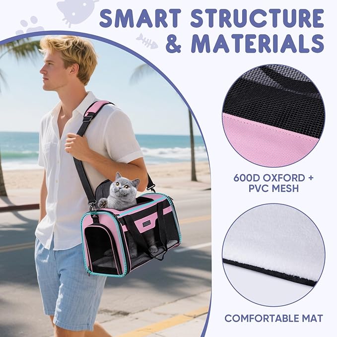 BALEINE Cat Carrier, Puppy Dog Carrier for Small Medium Pets Up to 22 Lbs, Soft-Sided Dog Travel Bag with Safety Zippers, Collapsible Pet Carrying Case (Pink, XL, 19"x12"x12")