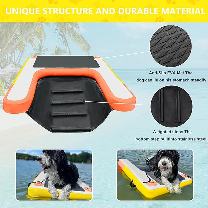 Inflatable Dog Water Ramp, Non-Slip Floating Dock Ladder for Pools, Boats & Lakes, Pool Ramp for Dogs Up to 200 Pounds, Orange Yellow