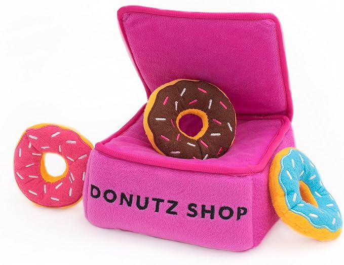 ZippyPaws Burrow- Interactive Dog & Puppy Toys for Boredom, Stimulating Pet Products to Keep Them Busy, Hide & Seek Plush Dog Puzzle, Enrichment Squeaky Toy, for Small & Medium Dogs- Donutz Box