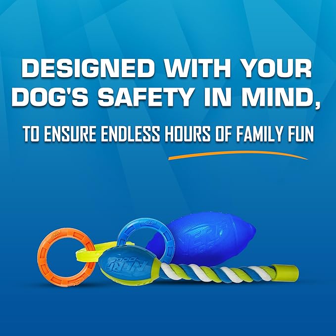 Nerf Dog Toy Gift Set, 3-Piece Set of Outdoor Dog Toys for Tug and Fetch, Includes Classic Squeak Football, 3-Ring Tug and Nitro Blitz Squeak Football