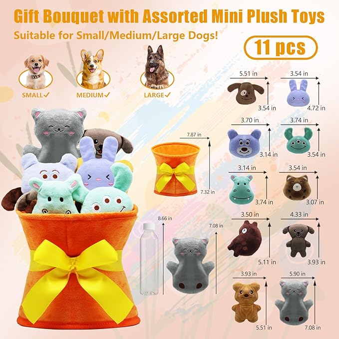 Squeaky Dog Toys, 11 Pcs Interactive Dog Plush Toy Collection in Flower Bouquet Packaging,10 Adorable Animal Plushies for Endless Play & Training