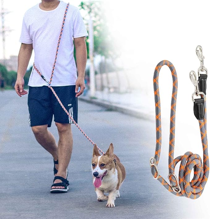Hands Free Dog Leash(8.5ft), 8 in 1 Multifunction Nylon Double Leash for Dogs,1.2cm Dog Training Leash with Reflective Stitching, Adjustable Waist Dog Leash Fits all Waist for Medium Large Dogs-Orange
